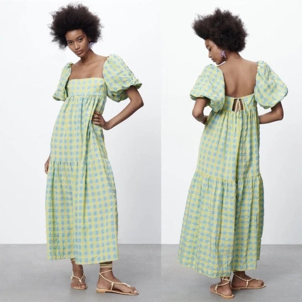 ZARA Puff Sleeve Gingham Plaid Maxi Dress Size S